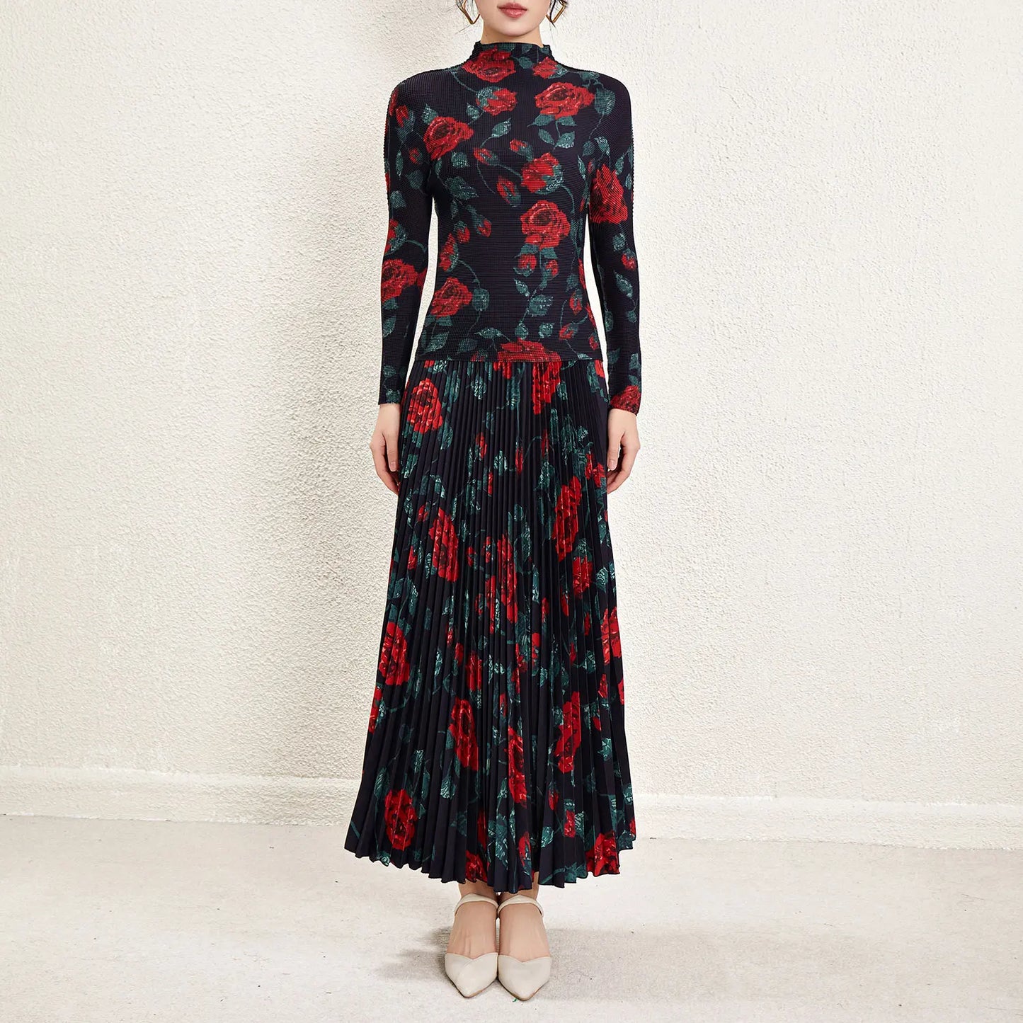Maxy Momoka printed stretch top and long pleated skirt casual one size accept customized skirt two piece set