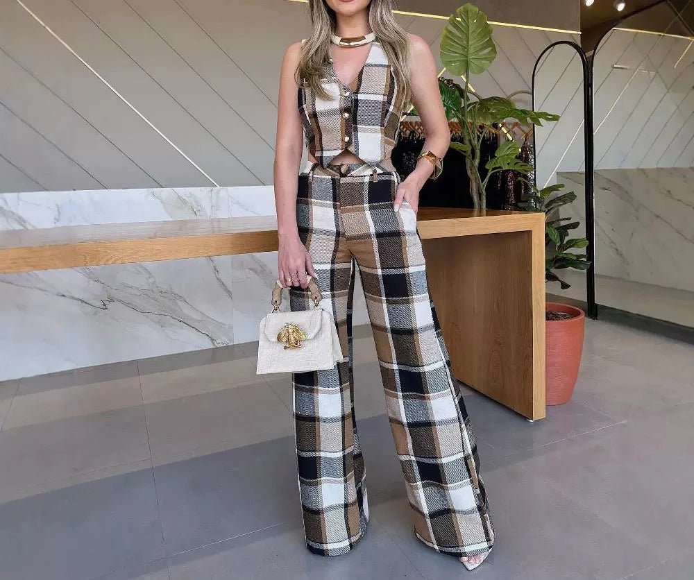 Maxy Casual Two Piece Set for Women Summer New Checkered Sleeveless Vest and Straight Leg Pants Suit for Female Streetwear