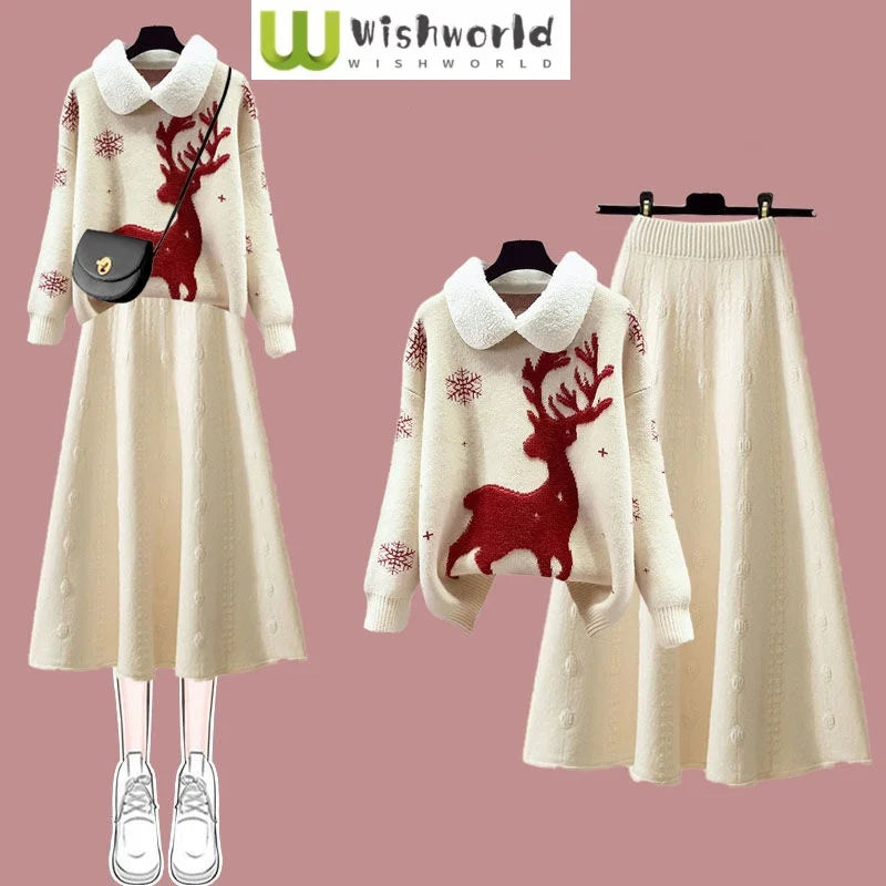 Maxy Autumn Winter Cartoon Reindeer Embroidery Lapel Knit Sweater Pullover Slim Fit Knit Skirt Two-piece Set Women's Skirt Set