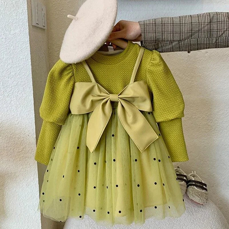 Maxy Children's Clothing Fake Two Pieces Solid Korean Kids Round Neck Patchwork Big Bow Long Sleeve Girls Party Fluffy Yarn Dresses