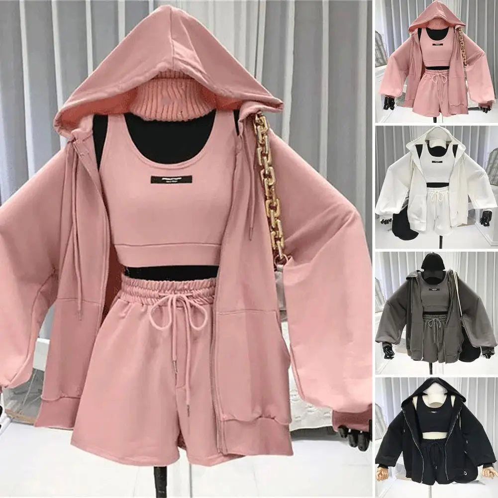 Maxy 1 Set Women Sportswear Long Sleeve Women Coat Three Pieces Drawstring Shorts Vest Thin Coat Set