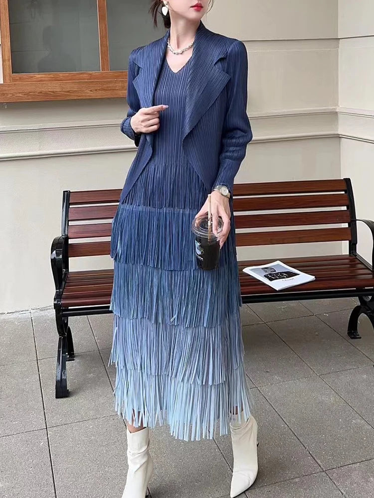 Maxy Pleated Two Piece Sets Women Spliced Tassel Coat + Dress Office Lady Elegant Medium Long Temperament Clothing 17G3312