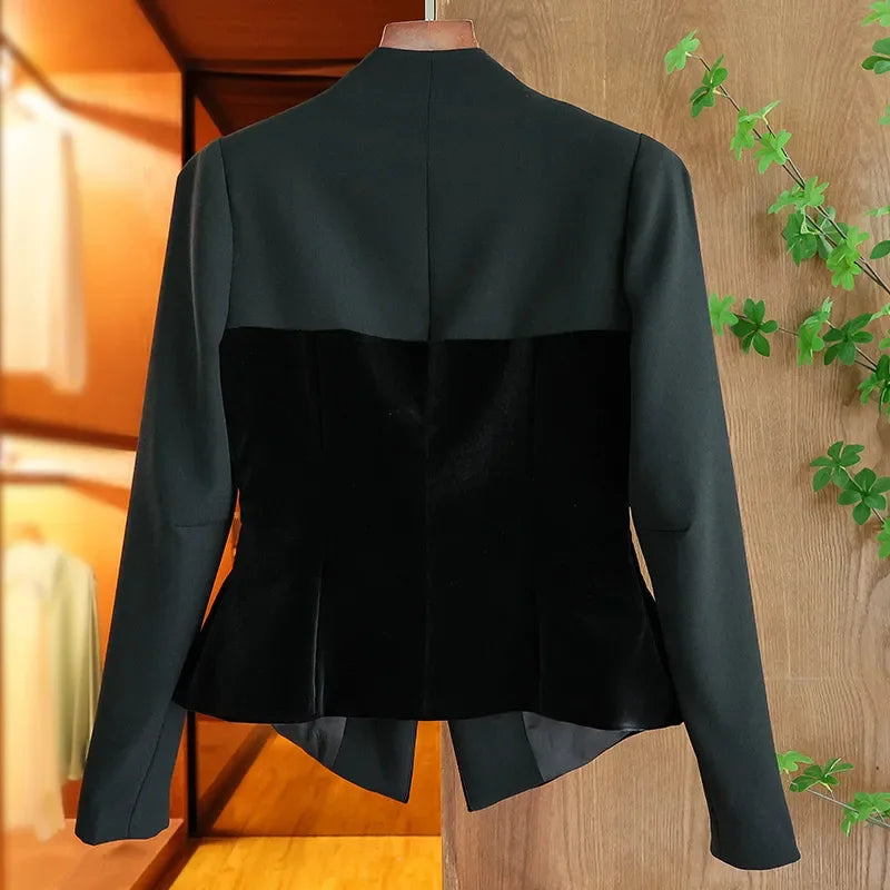 Maxy Fashion Fall Spring Autumn Brief Design Single Buttons Top Quality Black Velvet Basic Slim Women Blazers Casual Jackets Korean