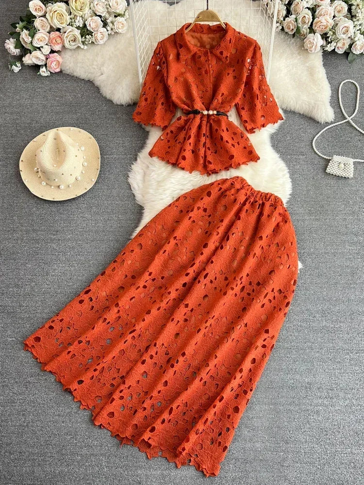 Maxy Women Summer Dress Sets Vintage Style Short Sleeve Hollow Out Single Breasted Shirt Two Piece High Waist A-Line Dress D3289