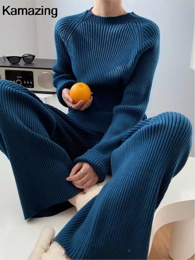 Amay Women's Knitted Two Piece Set Thick Sweater Tracksuits Autumn Winter Casual Pullover Wide Leg Pants Suit Harajuku Female Clothes
