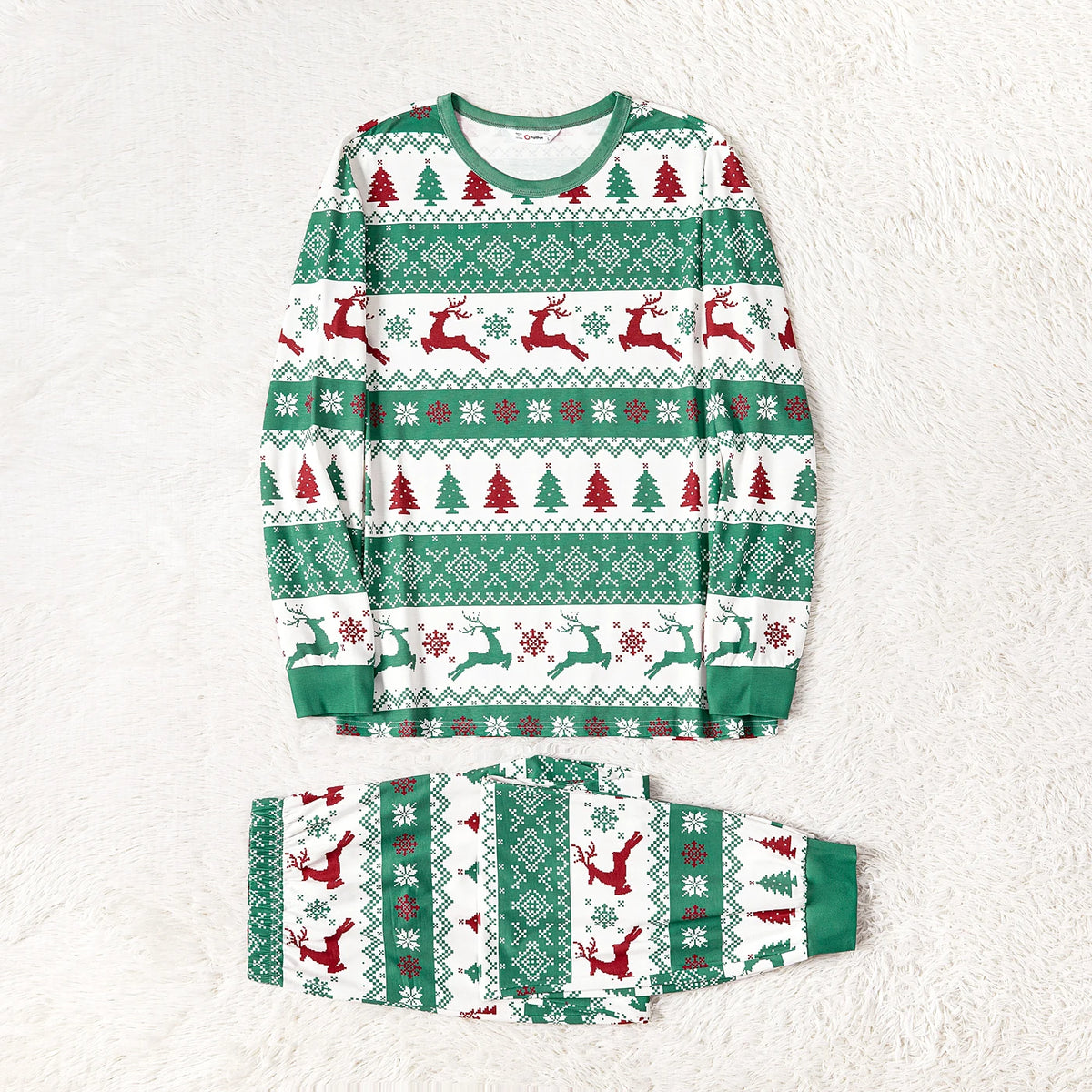 Maxy Pat Pat Christmas Family Matching Allover Xmas Tree & Reindeer Print Green Long-sleeve Pajamas Sets (Flame Resistant)