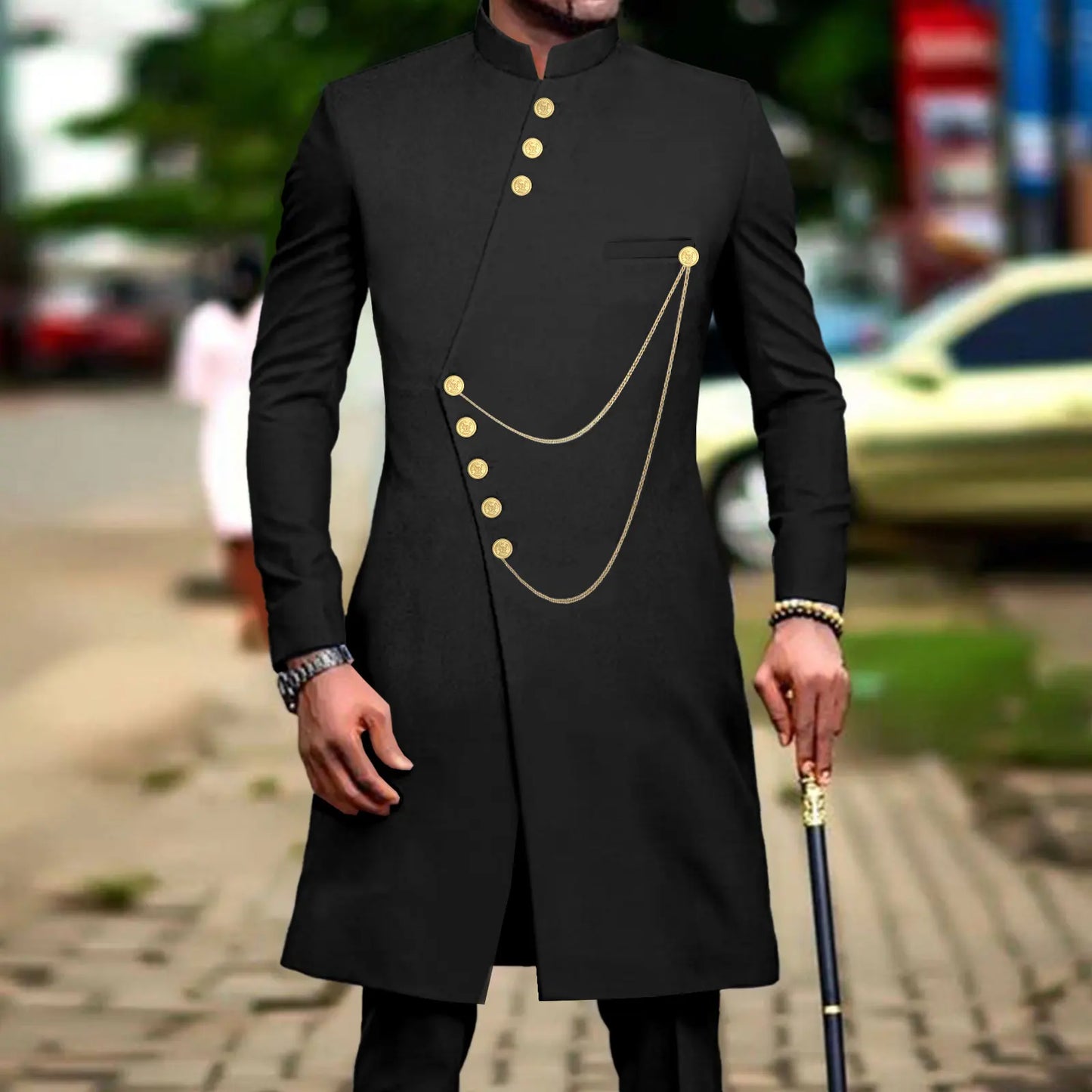 Maxy Men`s Suit African Clothes Dashiki Single Breasted Long Jackets and Pants 2 Piece Set Slim Fit Formal Outfits Coats A2316014