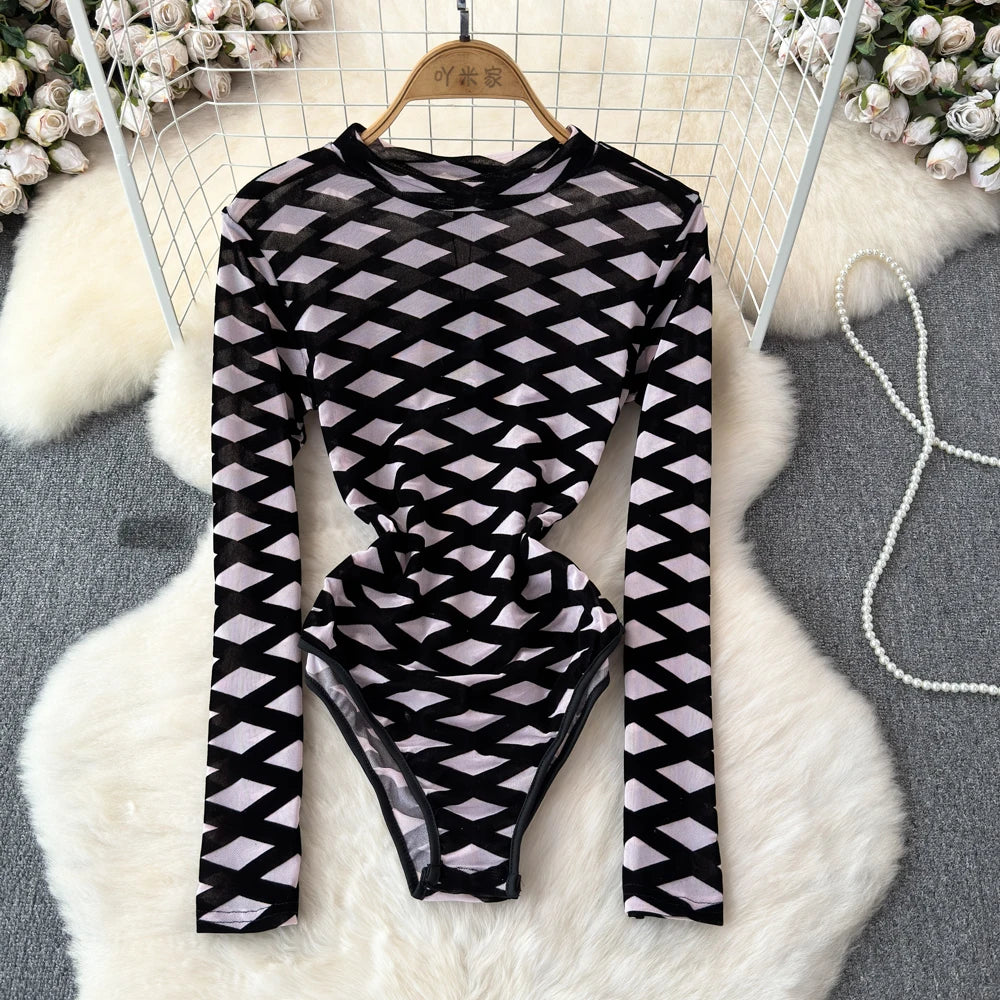 Maxy Foramina Bodysuits Women Fashion Hollow Out Mesh Long Sleeve Stand Collar Plaid Pattern Slim Waist Bodycon Night Club Body Tops