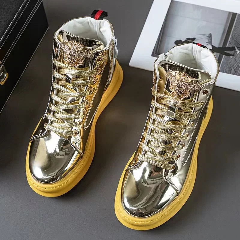 Amay Fashion Y2K boots for men shine leather metal decoration high top boot luxury shoes hairdresser Casual Male sneakers Botines