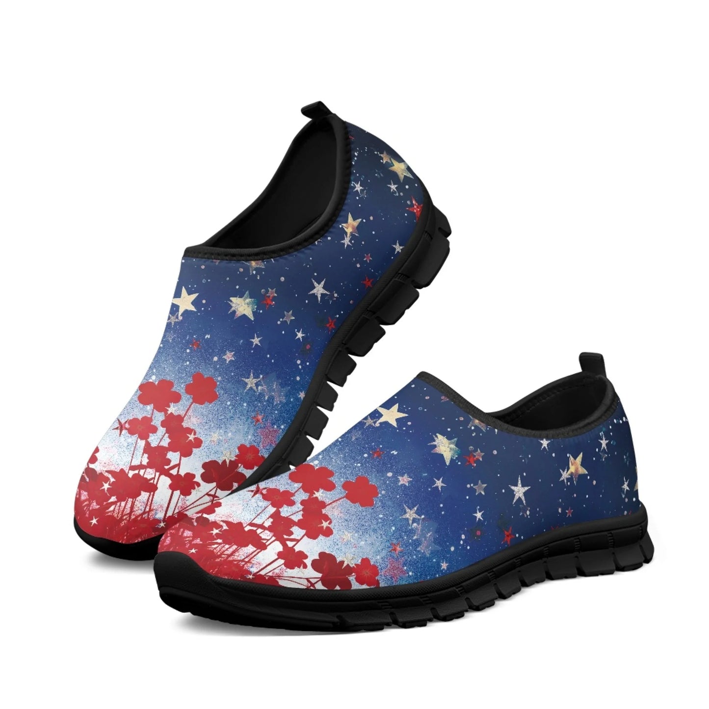Maxy Women Flat Shoe Red Flowers Stars Walking Comfortable Casual Workout Sneakers Breath Mesh Shoes Loafers