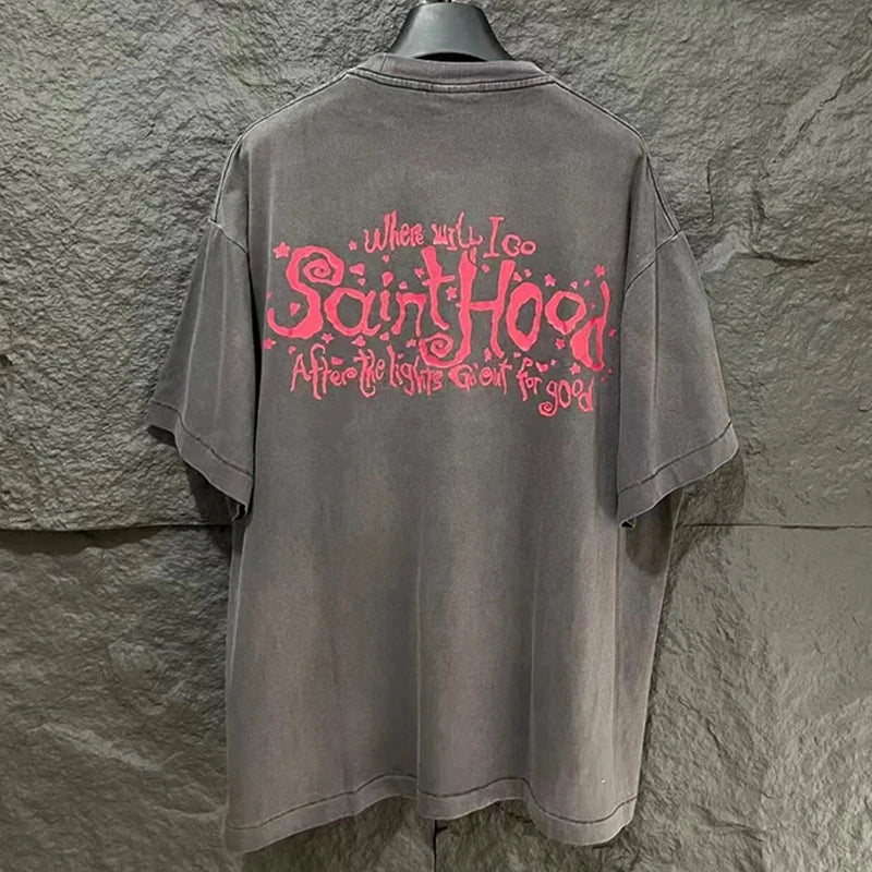 SAINT T Shirt Men Woman Summer Good Quality O-Neck Loose Letter Printing Dropped Shoulder Vintage Tops Tee