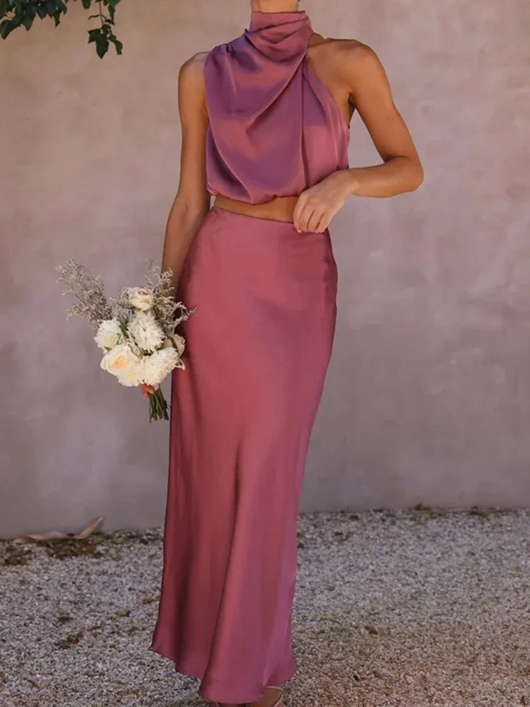 Maxy Women's Sleeveless Neck Hanging Tops Suits Slim Fit Evening Dress Sets Leisure Summer New Fashion 2 Pieces