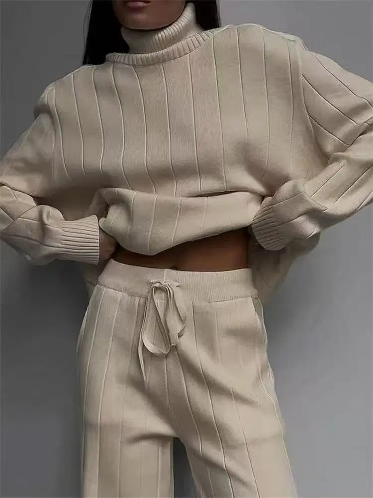 Maxy REALEFT Autumn Winter 2 Pieces Women's Sets Knitted Tracksuit Turtleneck Sweater and Straight Jogging Pant Suits Outfits