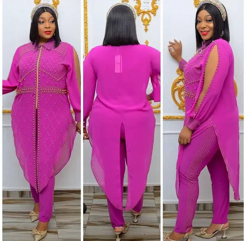 Maxy Autumn Women Long Sleeve Dashiki Two Pieces Sets Top and Long Pant African Clothes Women African Suit