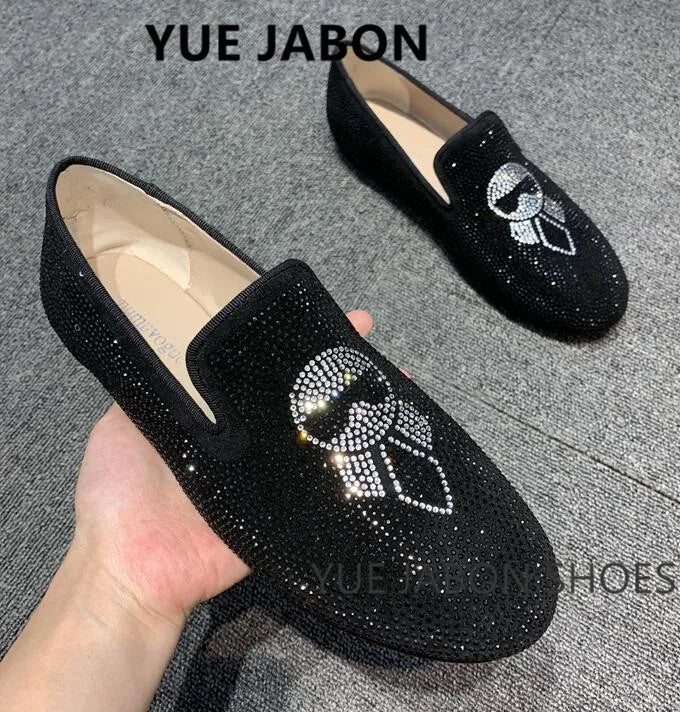 Visco New Fashion Men Rhinestone Shoes British Men's Flats Smoking Slippers Men Loafers Dress Shoes Black Casual Shoes Gladiator Mens