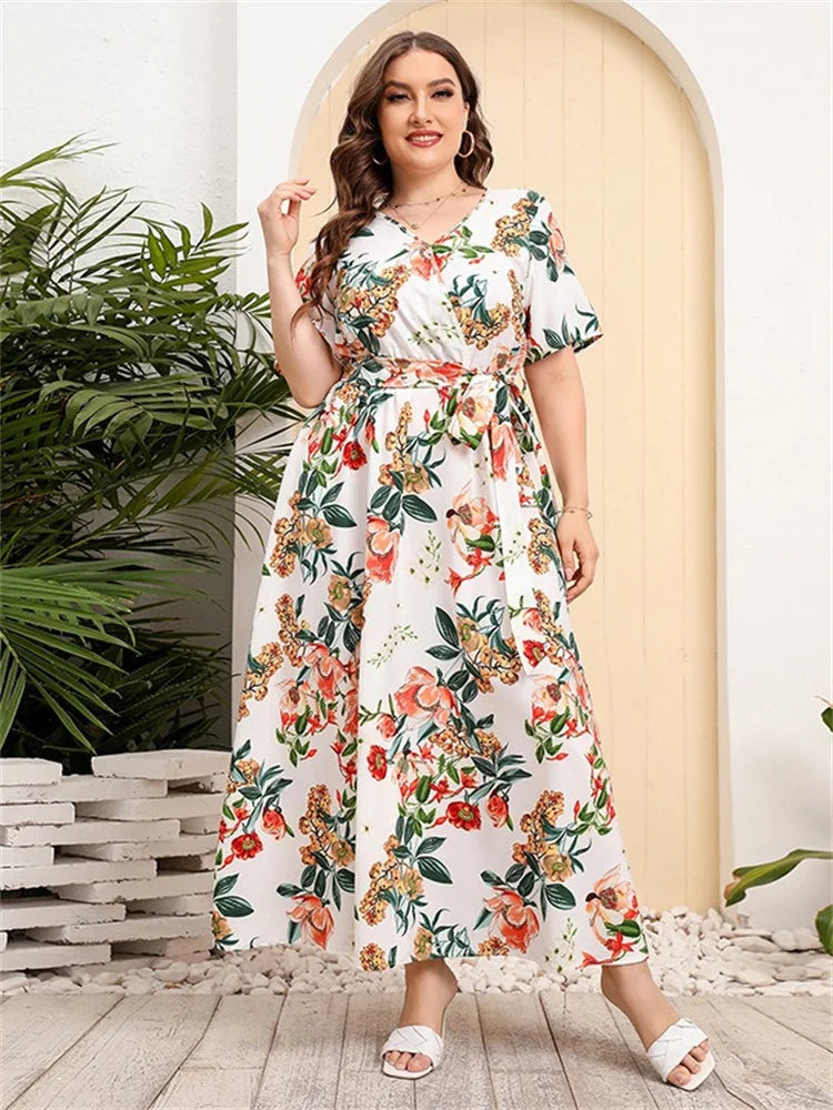 Wmstar Plus Size Dresses for Women Short Sleeve Flower Printed V Neck Loose Maxi Dress with Bandage Wholesale Dropshipping 2023