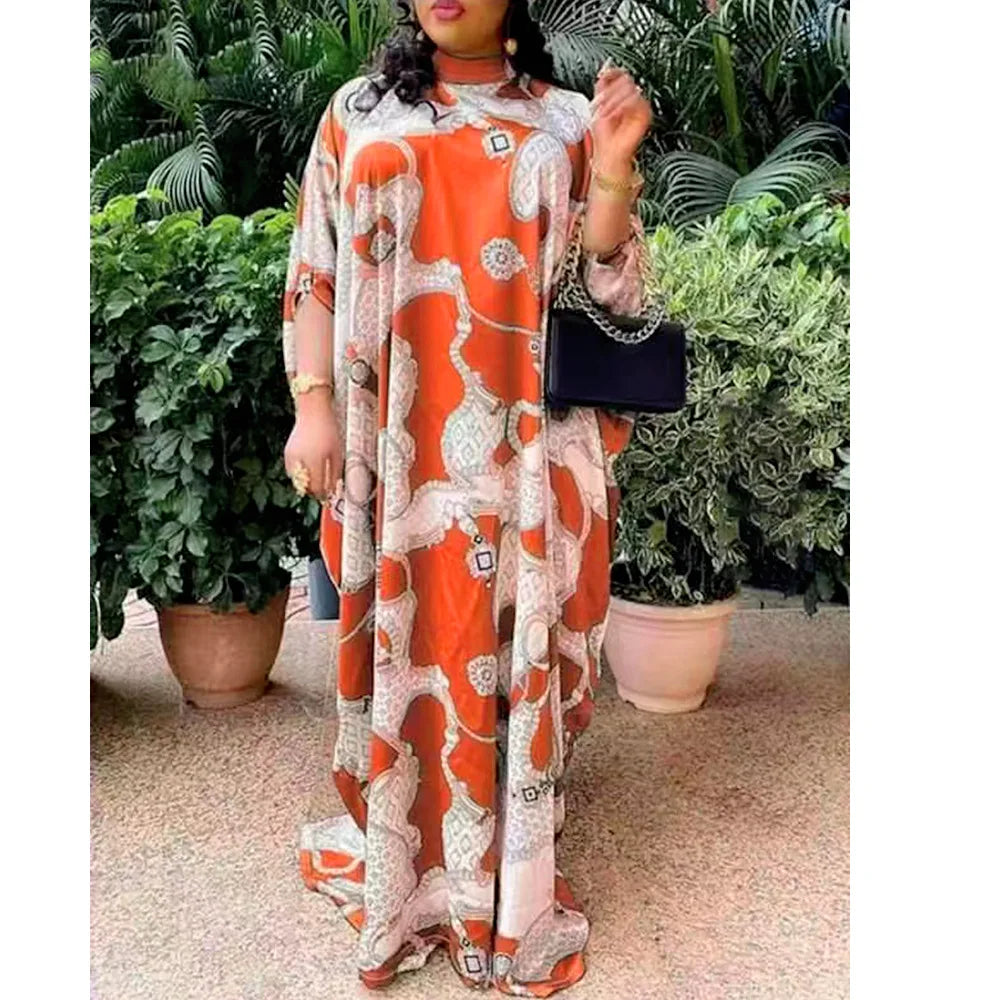Maxy Elegant Dresses for Women New Plus Size Print Kaftan Muslim Evening Party Long Dress Summer Clothing