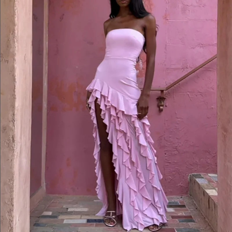 Maxy Show Style Ruffles High Split Evening Dress Sexy Tube Top Sleeveless Wrap Hip Dress Elegant Solid Color Off Shoulder Party Dress