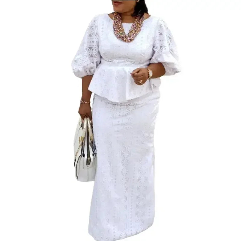 Amay African Party Evening Clothes for Women Spring African 3/4 Sleeve White 2 Piece Top Skirts Matching Sets Africa Clothing