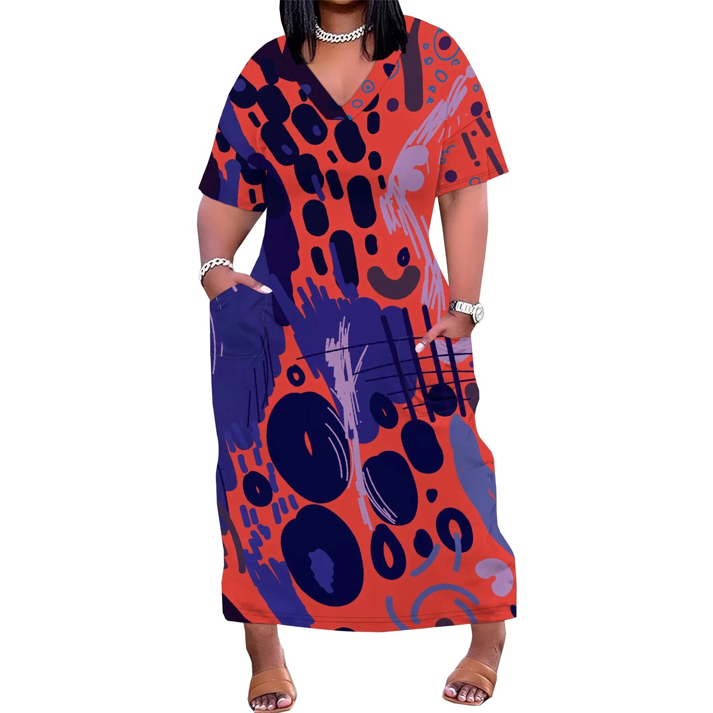 Maxy Plus Size Women Dress with Pockets, Short Sleeve Loose and Comfortable Long Dress for Beach, Party, Work, Spring
