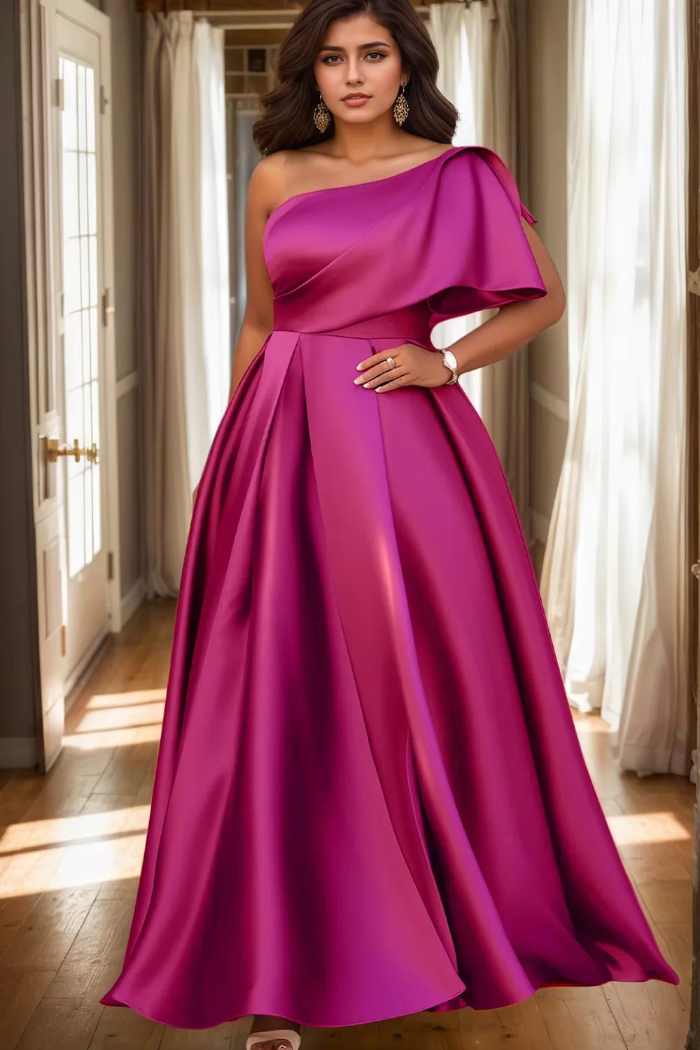 Maxy Plus Size Women's Evening Dress One Sleeve Pleated A-Line Elegant Wedding Guest Cocktail Maxy Dresses Off Shoulder Formal Dress