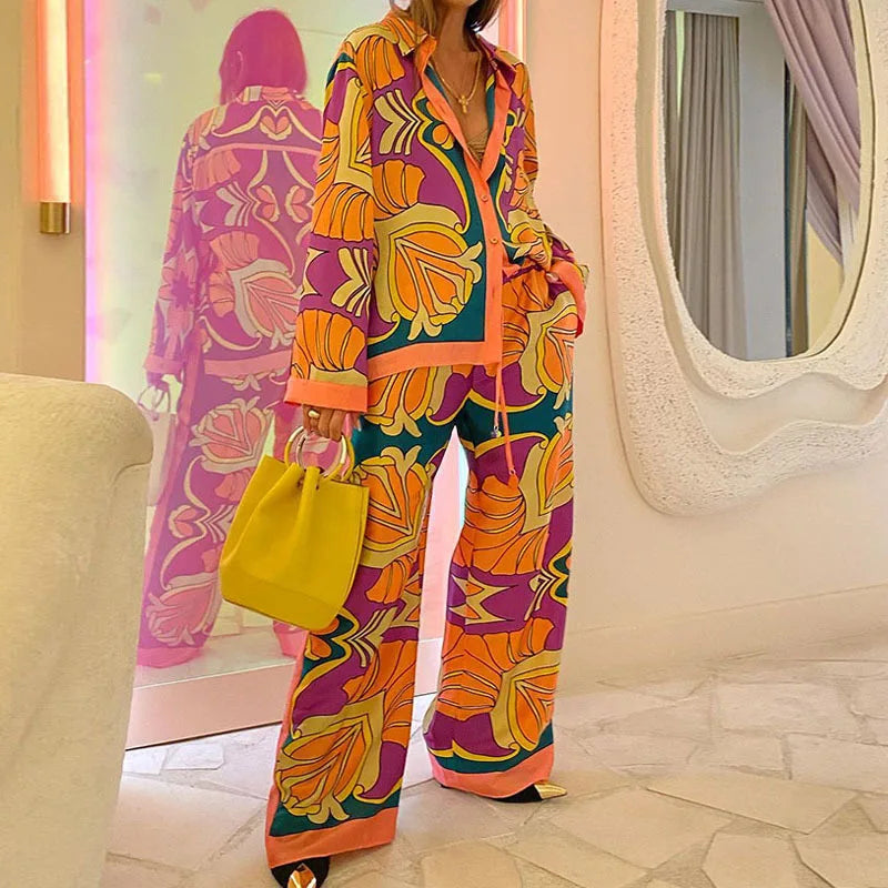 Maxy Women's Fashion Print Suit Retro Casual Suit Long Sleeve Long Pants 2-piece Set Women's Home Clothes Chic Autumn Suit