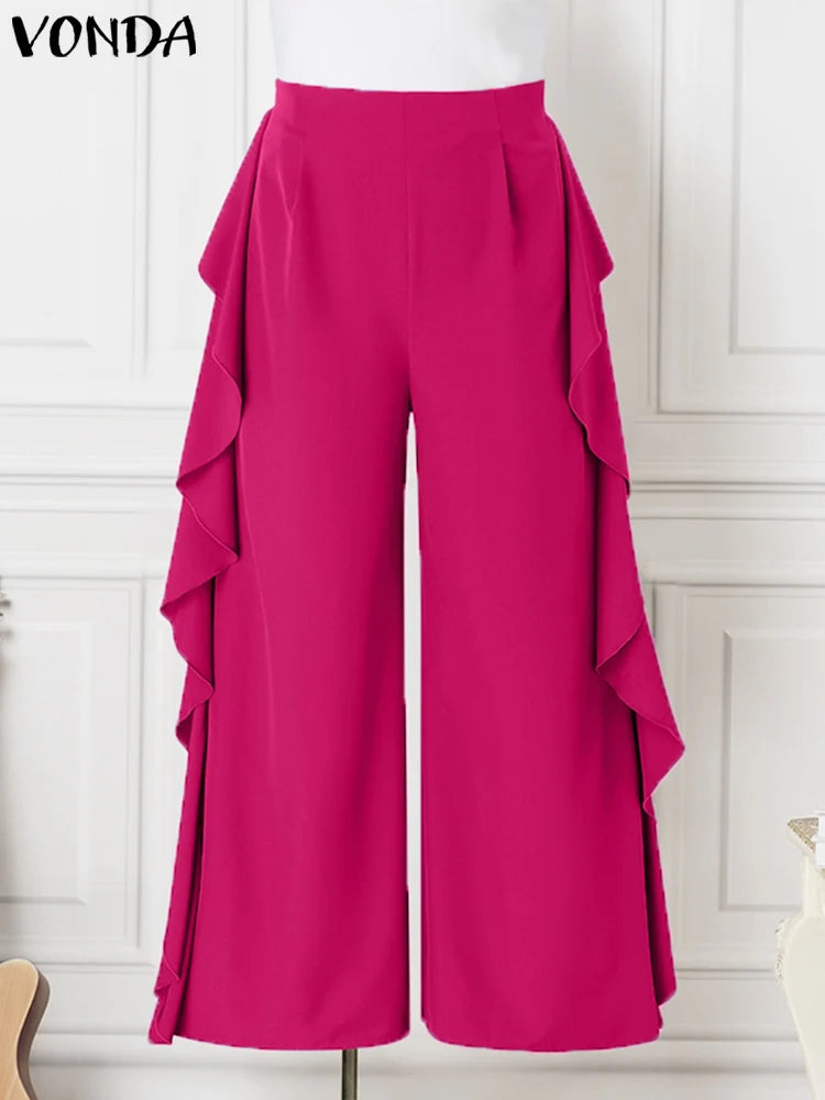 Maxy Plus Size Women Long Wide Leg Pants Solid Color Casual Loose Ruffled Elastic Waist Trousers Fashion Bottoms Oversized