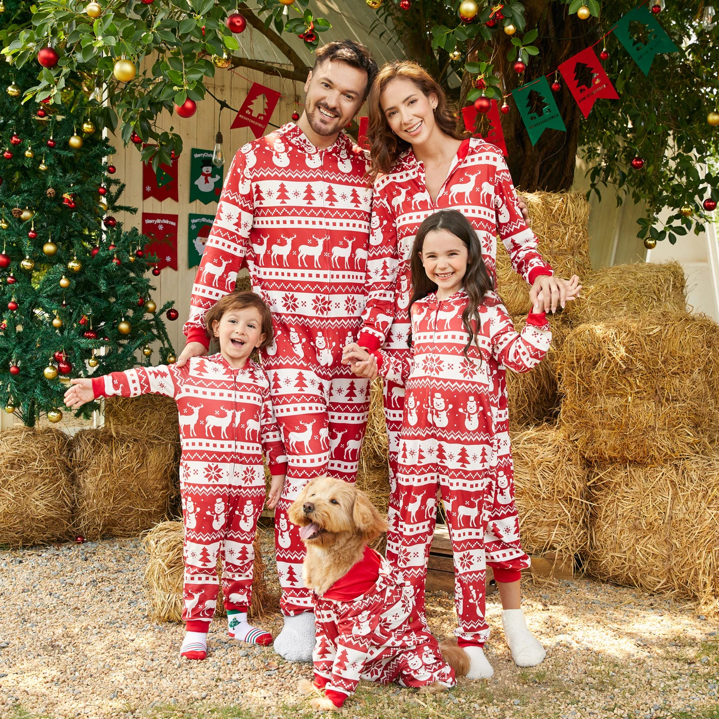 PatPat Christmas Family Matching Allover Red Print Long-sleeve Hooded Zipper Onesies Pajamas Sets (Flame Resistant)