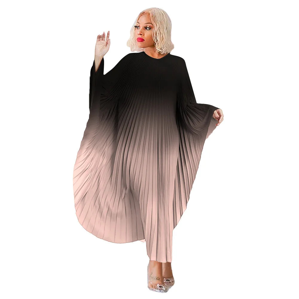 Maxy Fashion Gradient Color Pleated Dress in Spring Stylish and Loose Fit Oversized Printed Bat Sleeves Slimming Long Pleated Dress