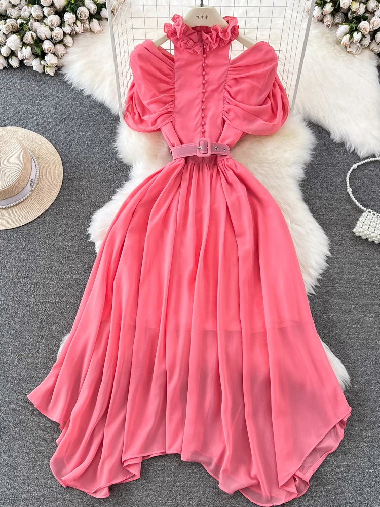Amay Summer Women Red/Purple/Blue/Yellow Stand Collar Hollow Out Off Shoulder Chiffon Party Dress Vintage Short Sleeve Irregular Robe