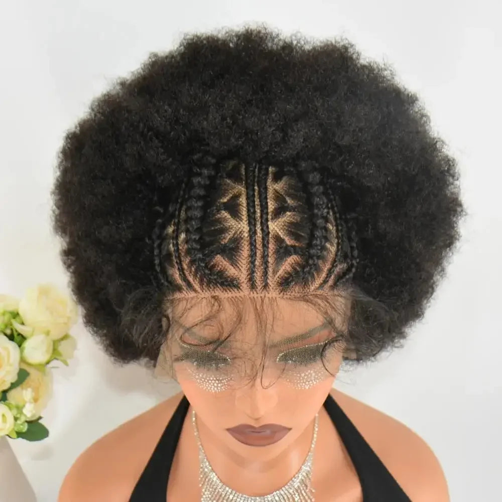 Maxy 250% Density 13x6 Lace Frontal Braided Wig Afro Kinky Curly Synthetic Wig Baby Hair Fluffy Curled Striped Braided Curly wig