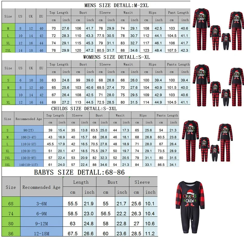 Maxy Family Matching Christmas Pajamas, Baby Romper/Letter Christmas Hat Print Long Sleeve Tops + Plaid Pants Sleepwear Set