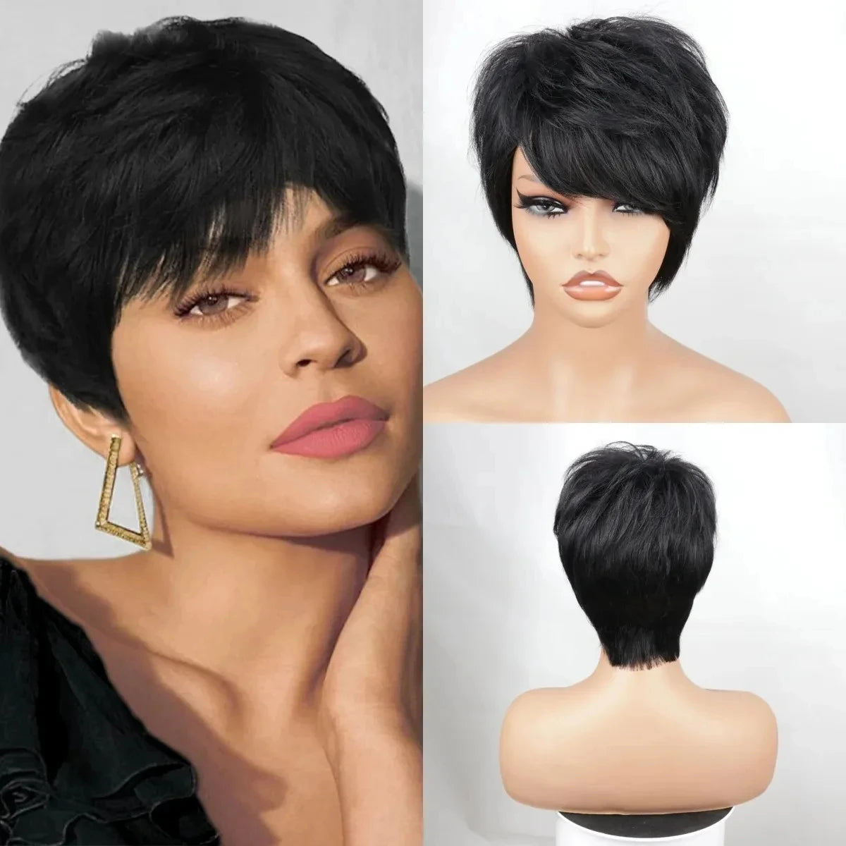 Maxy Short Human Hair Wigs Pixie Cut Straight Perruque Brasiliense for Black Women Machine Made Wigs With Bangs Cheap Glueless Wig