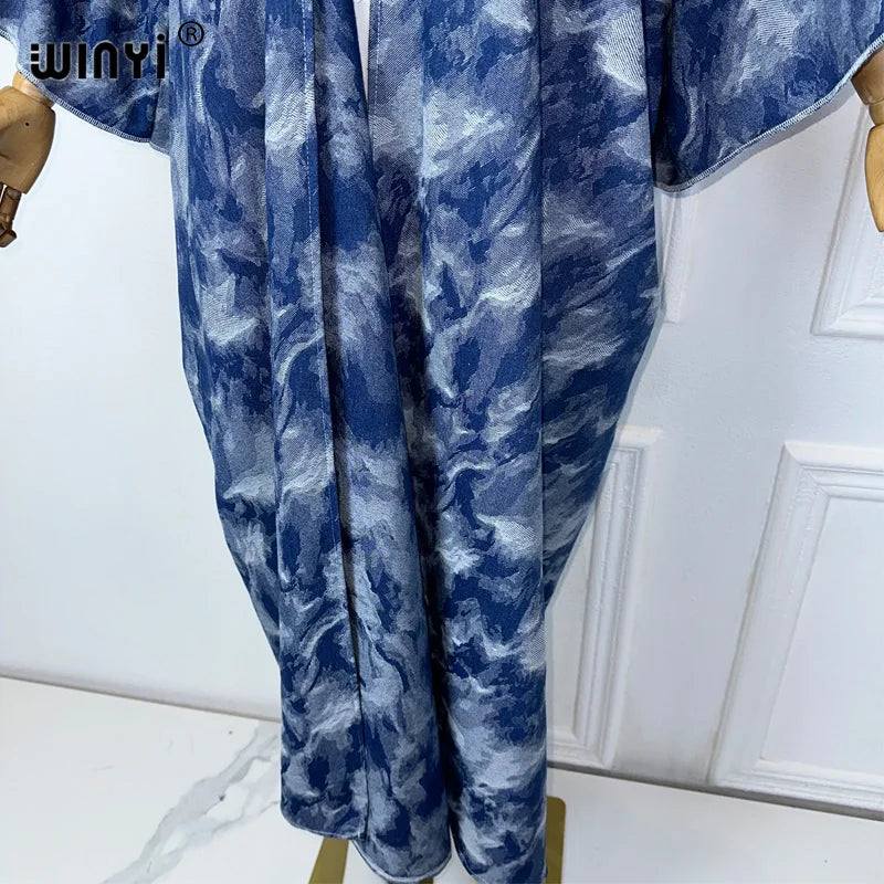 Maxy Tie-dyed Jacquard wash denim Cardigan maxy Dress elegant Party Holiday Swimming beach Cover Up fashion dress