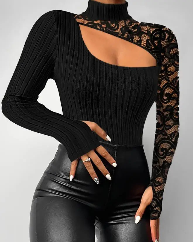 Amay Hollow Lace Patch Standing Collar Ribbed Top Casual New Fashion 2023 Best-Selling Women's Long Sleeves