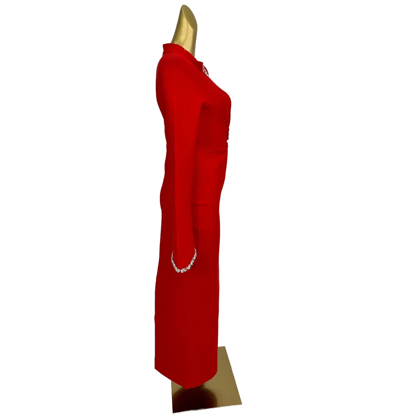 Maxy Woman Red Elegant Maxy Diamonds Dresses Fashion Long Sleeved Pleasted Bandage Dress Slim Fit Causal Office Lady Robe