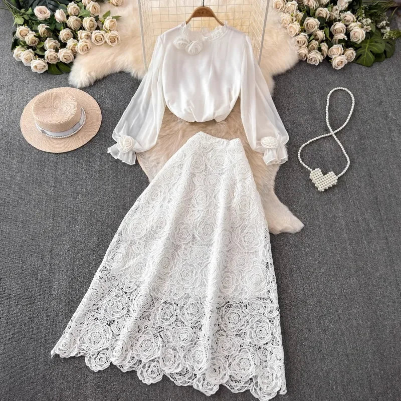 Amay Women 2 Piece Sets Elegant Vintage O-neck 3D Flower Chiffon Shirts Hollow Out Lace Bodycon Skirts Suit Summer Two Piece Set