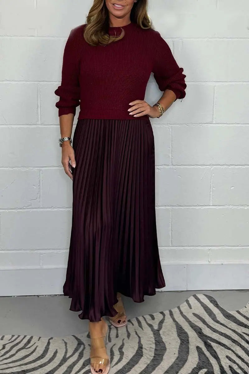 Maxy Women's solid color Long Sleeve Jumper Pleated Bottom Dress S-3XL Elegant and stylish pleat dresses with round neck for women