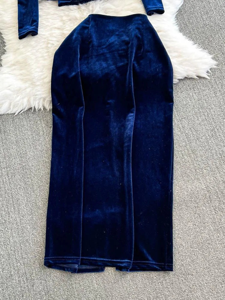 Maxy Elegant Black Velvet Skirt Suits for Women V-Neck Long Sleeve Casual Tops + High Waist Skirt Two Pieces Set Female Outfits New