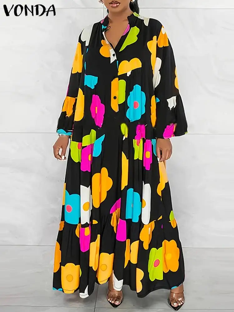 Maxy Plus Size 5XL Autumn Ruffle Dress Elegant Long Dress VONDA Round Neck Printed Flare Sleeve Vestidos Loose Robe