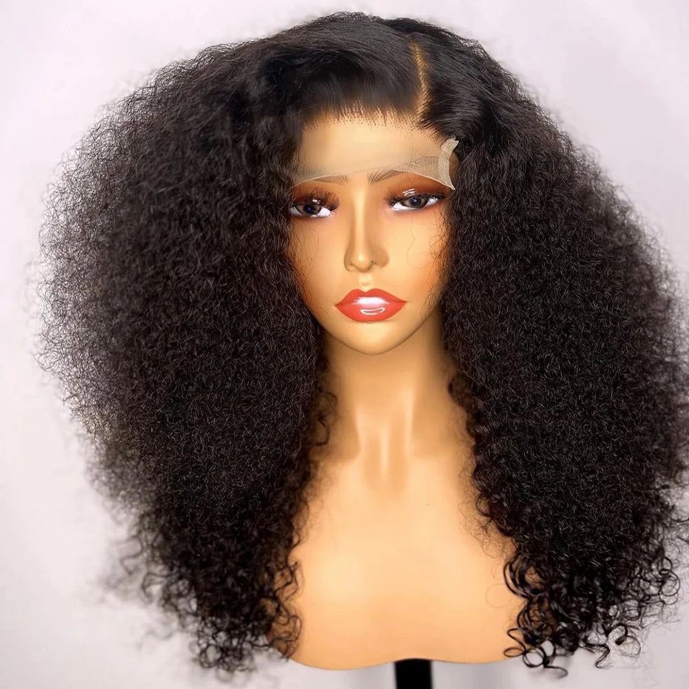 Amay Soft Preplucked Glueless 26Inch Long Natural Black Kinky Curly 180Density Deep Lace Front Wig For African Women Babyhair Daily