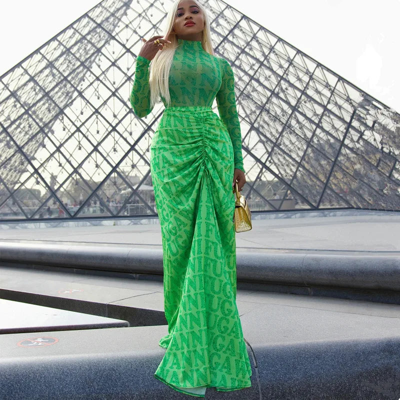 Maxy New Fashion Letter Print Two Piece Set Womens See Through Mesh Long Sleeve Shirt Top & Back Zipper Ruched Maxy Skirt