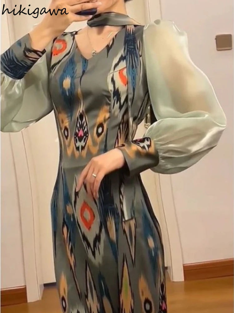 Maxy Dresses for Women Temperament Print Robe Femme V-neck Puff Sleeve Tunic Vintage Summer Dress
