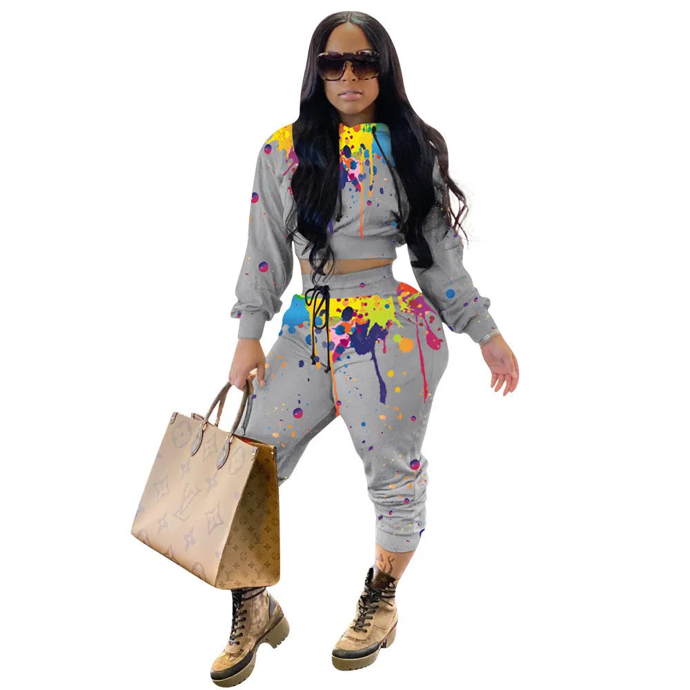 Maxy Splash-ink Print Sweat Suits Women Set Hoodies Sweatshirt and Sweatpants Set Two Piece Set Tracksuit Female Matching Set Outfits