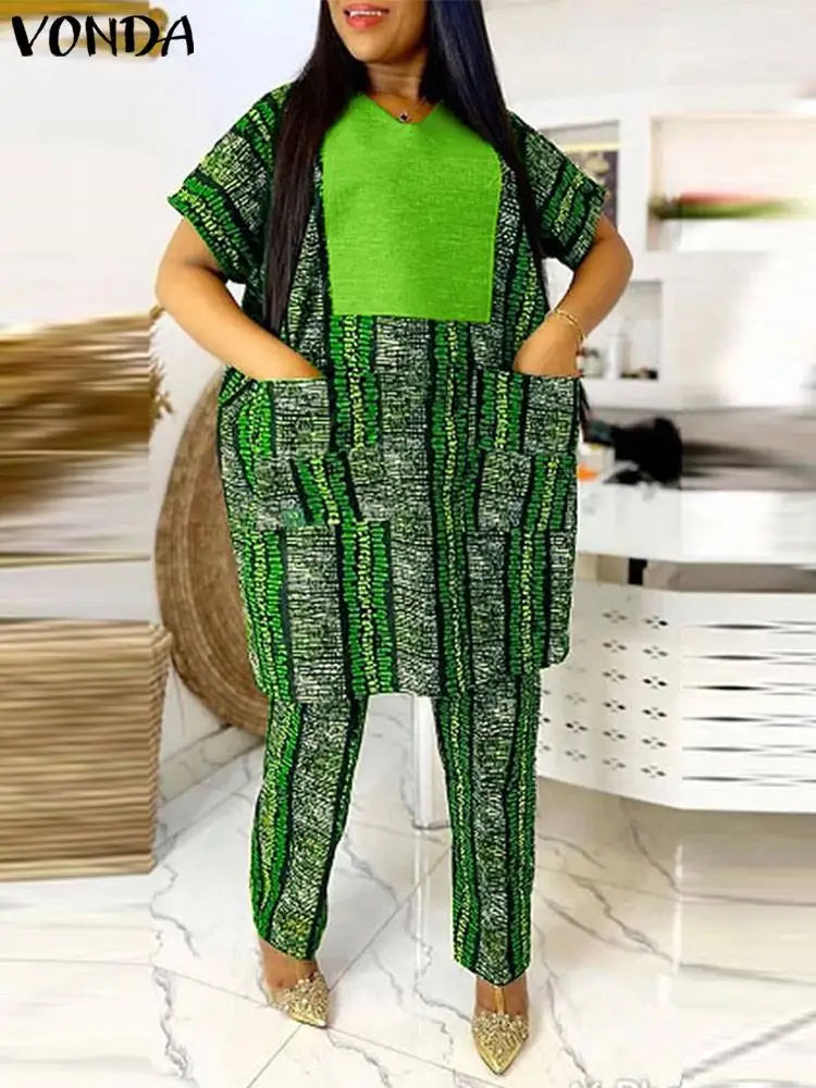VONDA Women Pant Sets 2024 Elegant Matching Sets Short Sleeve Printed Patchwork Trousers Suits Vintage Tops and Wide Leg Pants