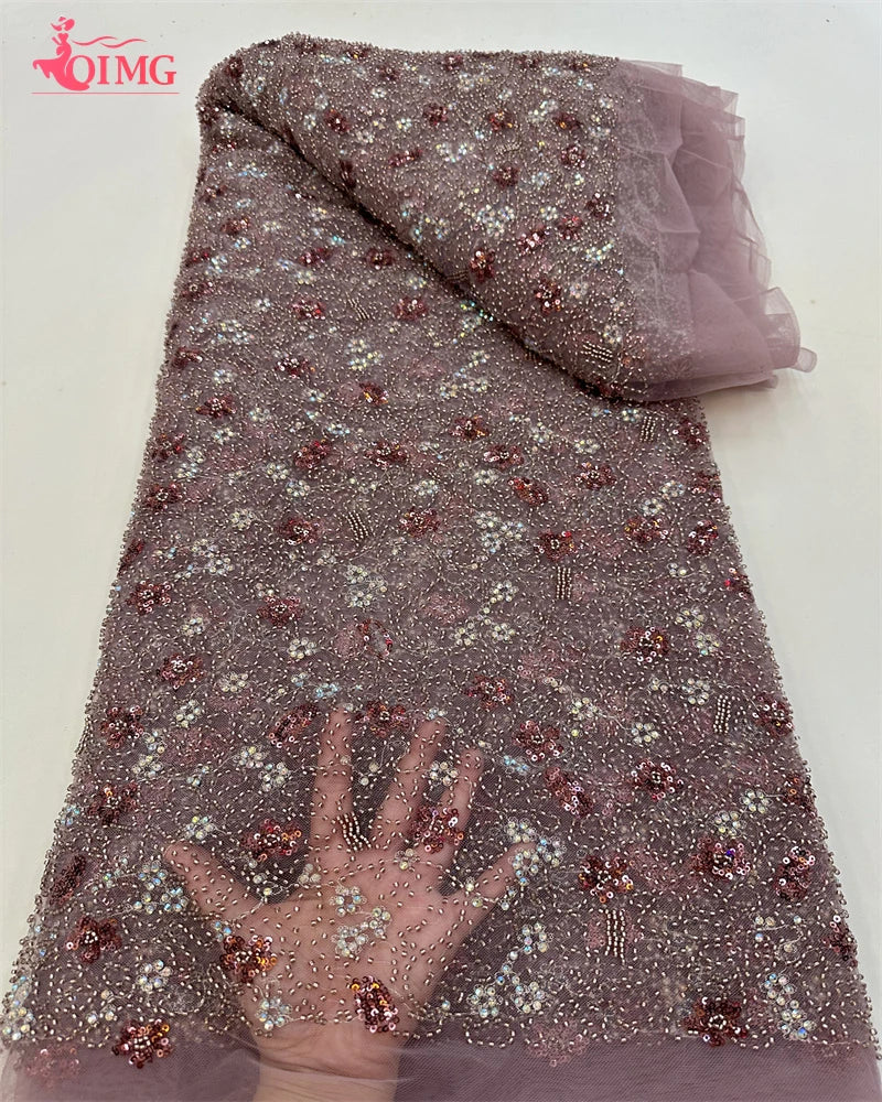 Maxy OIMG African Beaded Lace Fabric for Women, Mesh Lace, Embroidered French Sequins, Sewing Evening Dress, High Quality,