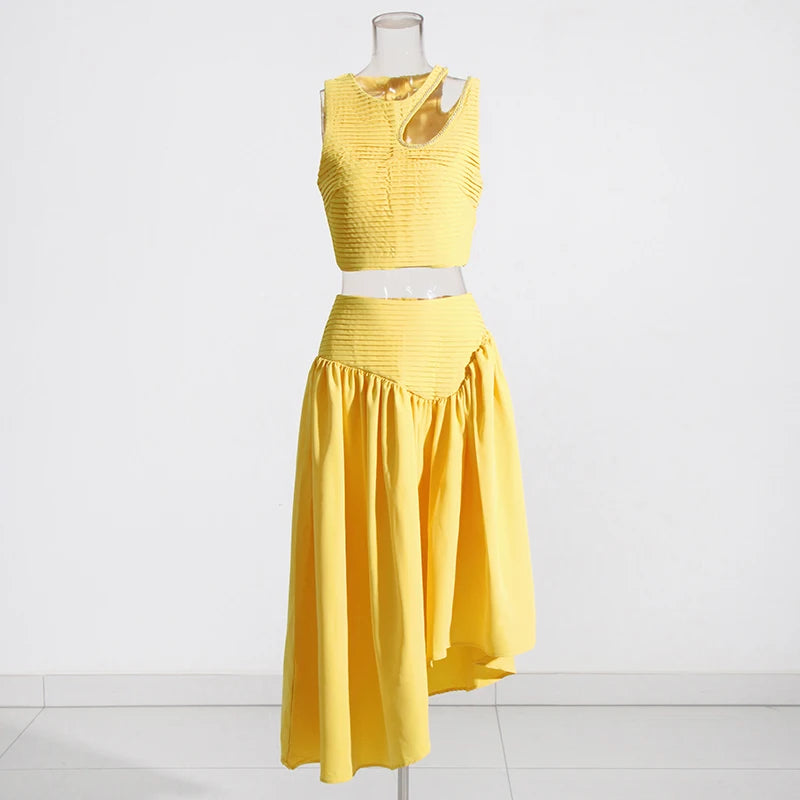 Maxy Asymmetrical Skirt Two Piece for Women O Neck Sleeveless Hollow Out Crop Tops High Waist Pleated Skirt Solid Set Female