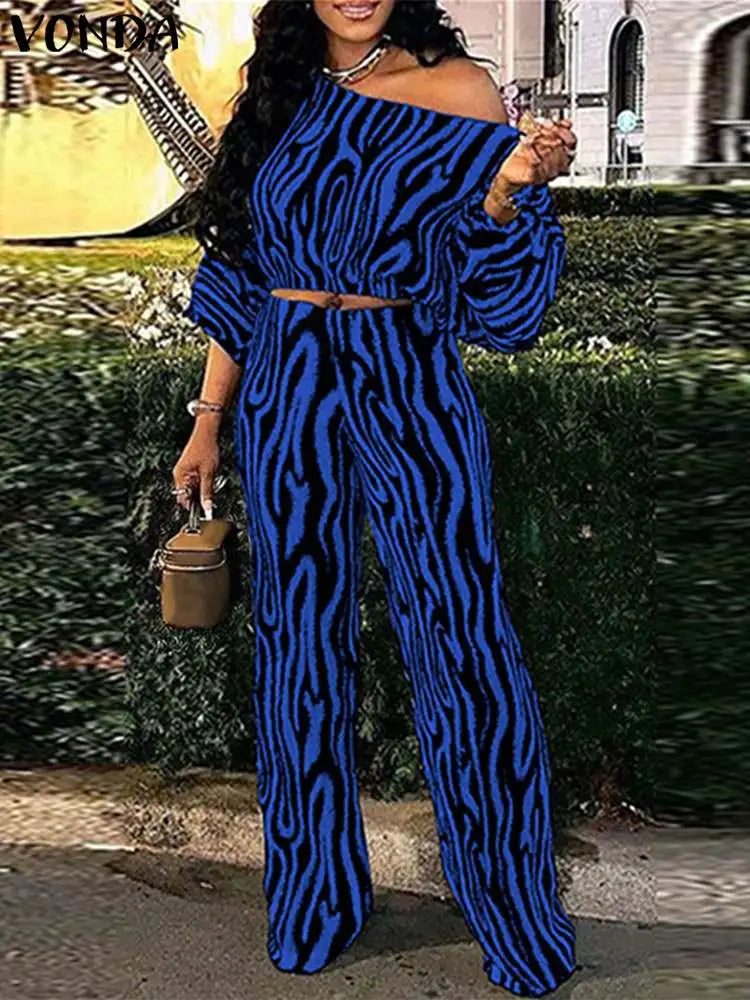 Maxy Plus Size Pant Sets Autumn Zebra-stripe Bohemian Printed 2PCS Long Sleeve Skew Collar Top and High Waist Pants Casual Sets