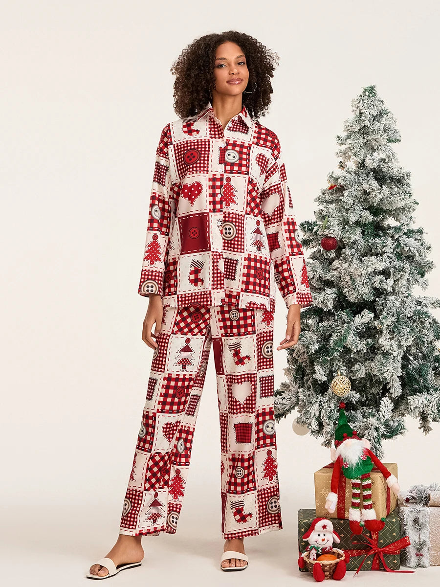Maxy New Women 2 Piece Pajamas Set Christmas Print Long Sleeves Button Shirt And Elastic Pants For Loungewear Soft Sleepwear S-XL
