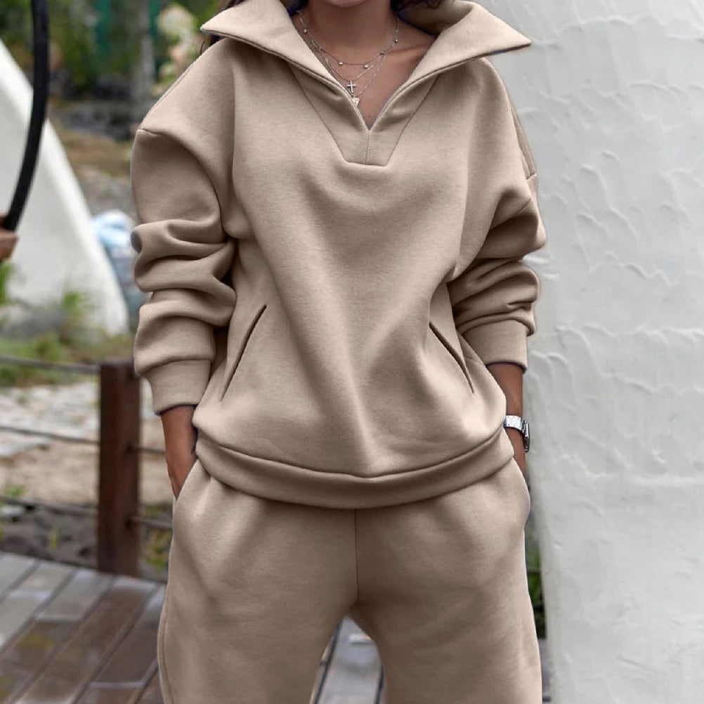 Maxy Women Tracksuit Set Plus Fleece Sweatshirts Two Piece Set Autumn Winter Casual Oversized Solid Female Sports Suit Long Pant